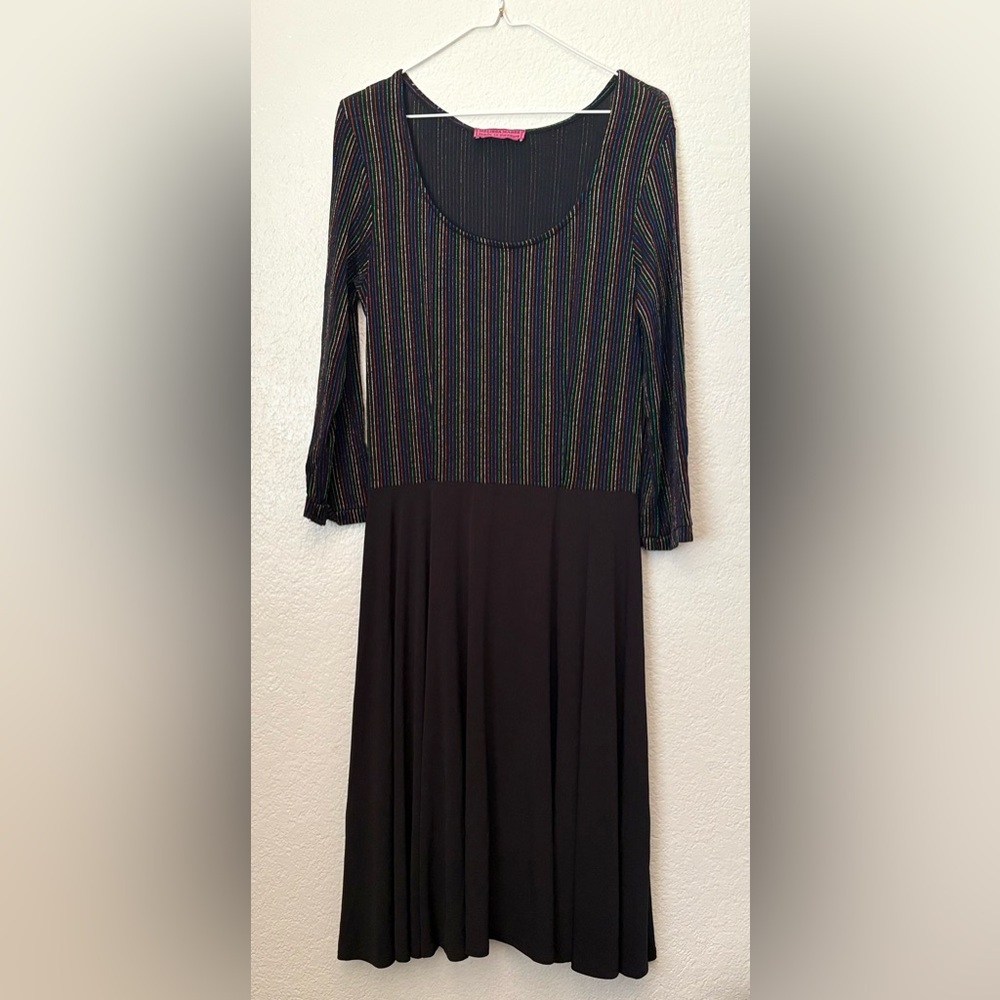 Melissa Masse‎ Black Rainbow Tinsel Stripe Scoop Neck Long Sleeve Dress Sz S
